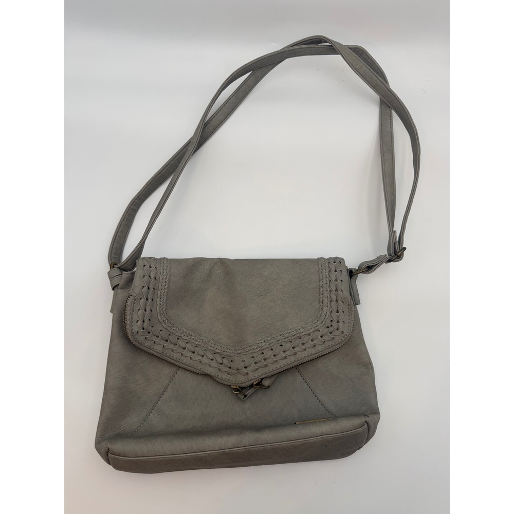 WallFlower Gray Faux Leather Braided Crossbody Bag Floral Lining Messenger Purse